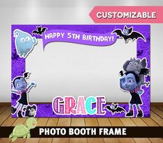 a photo frame with cartoon characters on it and the words happy 5th birthday grace in purple