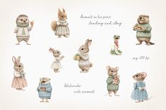 an illustration of some animals dressed up in sweaters and dresses with words on them