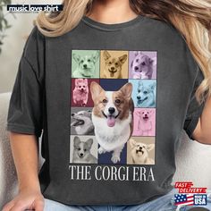 a woman sitting on a couch wearing a t - shirt with the words, the corgi era