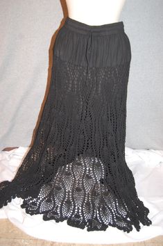 Womens LONG BLACK CROCHETED SKIRT Full Length BOHO CHIC PEASANT Lined S 4-6 | eBay Black Crochet Skirt, Goth Crochet, Crocheted Skirt, Boho Goth, Hippie Crochet, Crochet Clothing, Drawstring Top, Crochet Skirt, Crochet Stitch