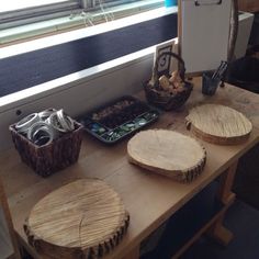 several pieces of wood sitting on top of a wooden table