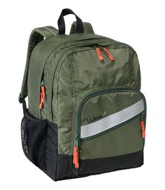 a green backpack with an orange stripe on the front and black bottom, sitting against a white background