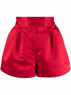 scarlet red satin weave pleat detailing high-waisted front button and zip fastening Style Improvement, Pokemon Gym, Boheme Chic, Satin Shorts, Planet People, Halloween 2023, Concert Fits, Red High, Nautical Fashion