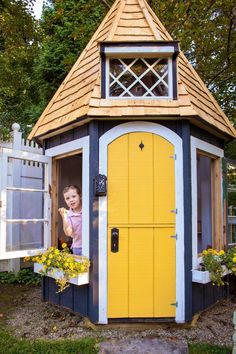 Log Playhouse, Kids House Playhouses, Playhouse Exterior, Whimsical Playhouse, Outdoor Play House, Play Cottage, Garden Play Area, Cottage Playhouse, Outside Playhouse