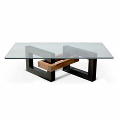 a glass table with two wooden legs