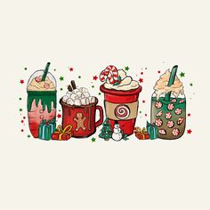 three cups filled with different types of drinks next to christmas decorations and candy canes