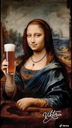 a painting of a woman holding a glass of beer