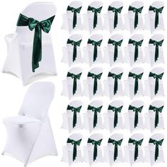 white folding chairs with green sashes and bows for wedding ceremony decoration set of 20