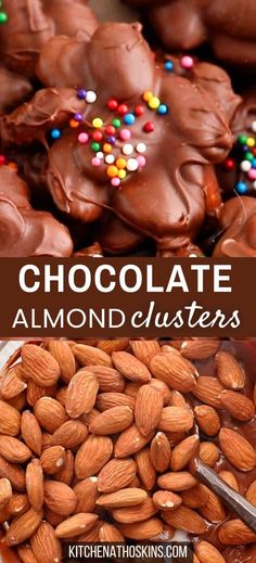 chocolate almond clusters with nuts and sprinkles in the middle, on top of each other