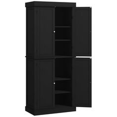 a tall black cabinet with two doors and shelves on one side, in front of a white background