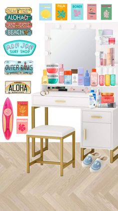 a white vanity with lots of items on top of it and a mirror above it