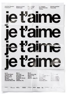 a piece of paper with black and white type on it that reads je t'aime je tamme je tame je trame je teme je time