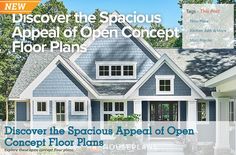 the front cover of an open concept floor plan with blue sidings and white trim