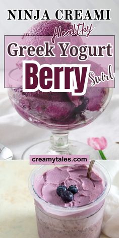 an ice cream dessert in a glass with blueberries on top and text overlay that reads, ninja creami healthy greek yogurt berry swirl