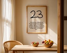 two bowls of fruit sit on a table in front of a framed number 23 poster