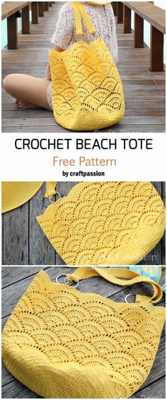 the crochet beach tote bag is shown in three different pictures