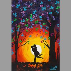 an acrylic painting of a couple kissing in the sunset