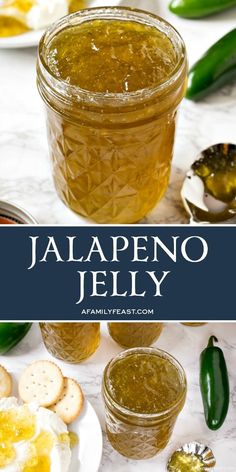 jalapeno jelly in a jar with crackers and green peppers on the side