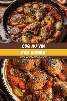 a pan full of chicken and vegetables with the title saying coq au vin for dinner