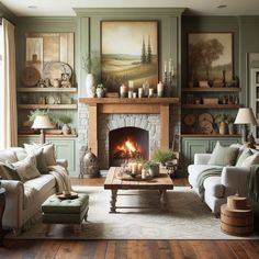 a living room filled with furniture and a fire place in the middle of a room