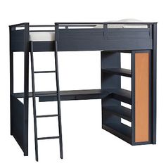 a bunk bed with a desk underneath it and ladders to the bottom, against a white background