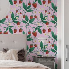 Strawberries pattern on pink background wallpaper Strawberry Painting, Affordable Wallpaper, Sage Green Kitchen, Strawberry Kitchen, Sage Green Wallpaper, Bedroom Murals, Mural Wall, Strawberry Print, Kitchen Wallpaper