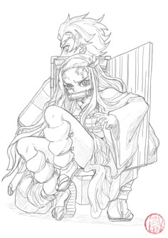 a drawing of an anime character sitting in a chair