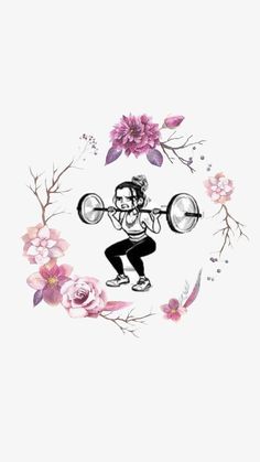 a drawing of a woman lifting a barbell in front of flowers and birds on a white background