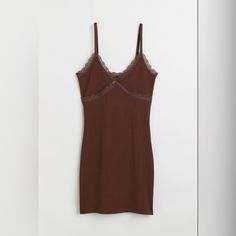 Great Quality, Never Worn Fitted Cotton Slip Dress, Fitted Brown V-neck Slip Dress, Fitted Brown Slip Dress, Fitted Cotton Slip Dress For Daywear, Fitted Brown Mini Slip Dress, Brown Fitted Mini Length Slip Dress, Fitted Brown Slip Dress For Spring, Spring Brown Fitted Slip Dress, Fitted Brown Cotton Mini Dress