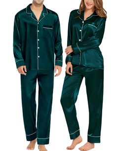 PRICES MAY VARY. ❤️【Premium Material】: Satin Couples Pajama Sets are made from premium 95% polyester, 5% spandex silk satin fabric. Silky and skin-friendly, soft and lightweight, not easy to wrinkle, making your skin feel more comfortable and you can enjoy a restful night.(Tips:This is not a combo order,Each set of this matching pjs is sold separately) ❤️【2 PCS Sleepwear Features】:🎈Couples Pajama Top: Comfortable long sleeves sleepwear with stylish contrasting piping, notch collar and left ches Couples Matching Pajamas, Silk Pajama Sets, Bridal Sleepwear, Long Pajama Pants, Pajamas Long Sleeve, Pjs Set, Satin Pj Set, Silk Pajamas Women, Couple Pajamas