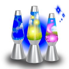 three different colored vases sitting next to each other on top of metal bases with stars in the background