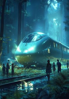 people walking near a train in the middle of a forest with bright lights on it