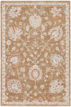 an area rug with flowers and leaves on the bottom in brown, beige and white colors