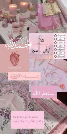 the collage shows different types of items in pink and white colors, including candles