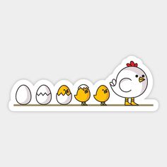 a sticker with an image of chickens and eggs on the bottom, in different stages of hatching