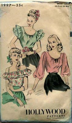 Peasant Blouse Pattern, Hollywood Patterns, Peasant Blouses Pattern, Blouses Pattern, 1940's Fashion, Fashion 1940s, Blouse Pattern Sewing