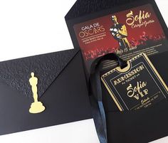 a black and gold oscars party card with a golden statue on the front side