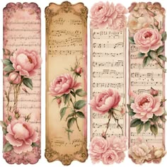 three bookmarks with pink flowers and sheet music on them, one in the shape of roses