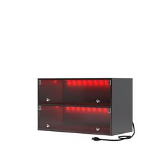 a red light is on top of a black shelf with two shelves below it and the lights are lit up