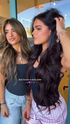 dark brunette to dark violet 💜Get the color formula on our habit educati... Violet Dark Hair, Dark Brown Hair With Violet Undertone, Dark Brown Violet Hair, Brown Violet Hair, Dark Violet Hair Color, Claudia Aesthetic, Violet Brown Hair, Dark Violet Hair