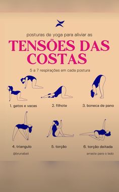 a woman doing yoga poses with the words tenos dos costas in spanish and english