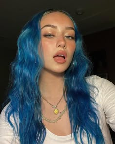 Blue Hair With Green Eyes, Blue Hair Hazel Eyes, Blue Turquoise Hair, Blue Hair Bright, Long Hair Curtain Bangs Straight, Electric Blue Hair Highlights, Makeup For Blue Hair, Blue Hair Pale Skin, Light Blue Hair Aesthetic