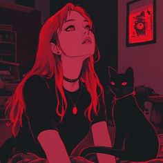 a woman sitting on the floor next to a black cat and looking up at something