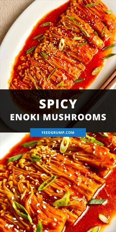 spicy enokii mushrooms on a plate with chopsticks