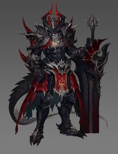 an image of a demonic warrior with red and black armor on his body, holding two swords