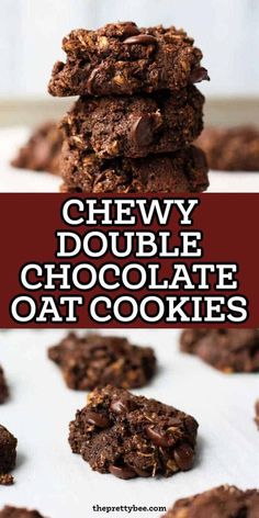 chewy double chocolate oat cookies stacked on top of each other with text overlay