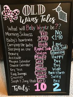 a chalkboard sign that says old wives tales and what will baby wentz be?