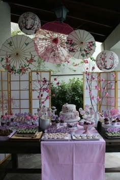 a table topped with lots of cakes and desserts