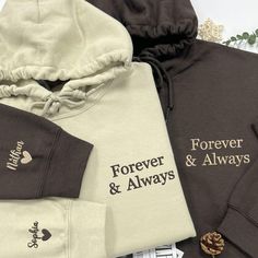 elebrate your everlasting love with our matching "Forever and Always" couple hoodies, featuring custom embroidery. These cozy sweatshirts or crewnecks make the perfect personalized gift for him or her, adding a heartfelt and stylish touch to your relationship! 💞 Product and Brand Details   ABOUT STYLE SHIRT - T-shirt is short sleeve - Crewneck same sweatshirt is not hood - Hoodie with hood ➤ Gildan ® brand ➤ Unisex & Classic fit ➤ 8 oz./yd² (US) 13.3 oz./L yd (CA), 50/50 cotton/polyester, 20 si Long Sleeve Cotton Sweatshirt For Anniversary, Couples Cotton Hoodie With Crew Neck, Custom Hoodie For Boyfriend, Couple Hoodies Relationships, Couple Hoodies Ideas Design, Couple Sweatshirts, Personalize Gifts, Matching Embroidery