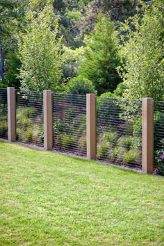 a fenced in area with grass and bushes next to the trees on either side